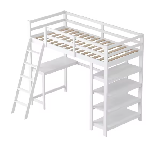 Houten Stapelbed 90x200 cm met Bureau en Planken – Massief Hout Kinderbed