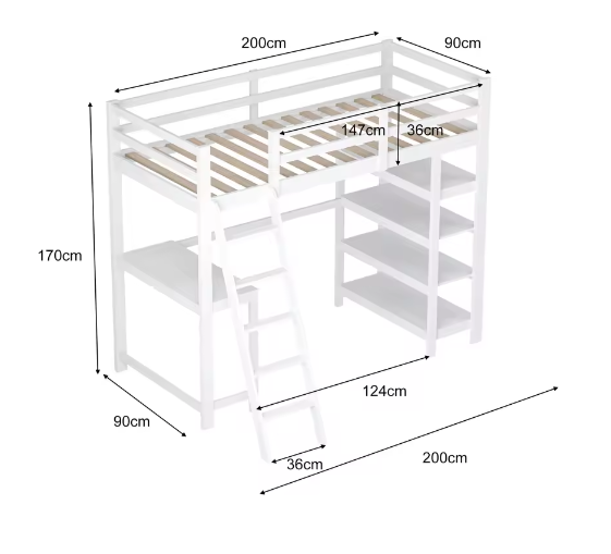 Houten Stapelbed 90x200 cm met Bureau en Planken – Massief Hout Kinderbed