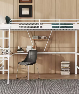 Metalen Hoogbed 90x200 cm met Bureau en Plank – Ruimtebesparend Bedframe