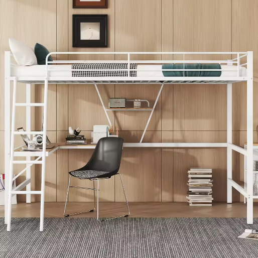 Metalen Hoogbed 90x200 cm met Bureau en Plank – Ruimtebesparend Bedframe