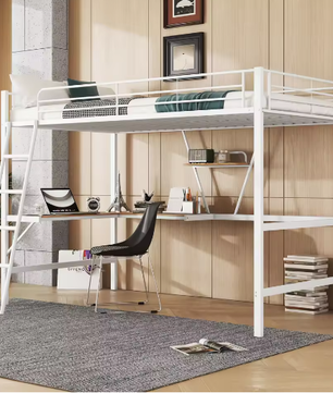 Metalen Hoogbed 90x200 cm met Bureau en Plank – Ruimtebesparend Bedframe