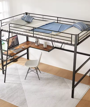 Metalen Hoogbed 90x200 cm met Bureau en Plank – Ruimtebesparend Bedframe