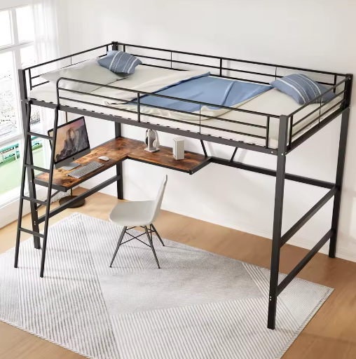 Metalen Hoogbed 90x200 cm met Bureau en Plank – Ruimtebesparend Bedframe