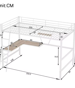 Metalen Hoogbed 90x200 cm met Bureau en Plank – Ruimtebesparend Bedframe