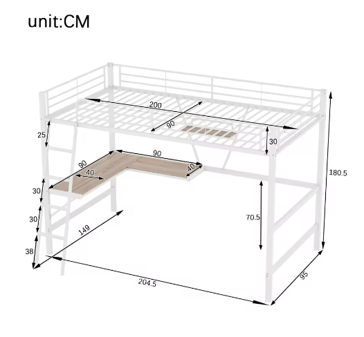 Metalen Hoogbed 90x200 cm met Bureau en Plank – Ruimtebesparend Bedframe