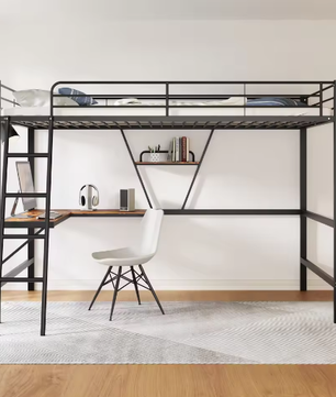 Metalen Hoogbed 90x200 cm met Bureau en Plank – Ruimtebesparend Bedframe