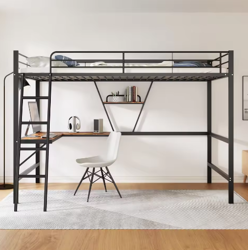 Metalen Hoogbed 90x200 cm met Bureau en Plank – Ruimtebesparend Bedframe