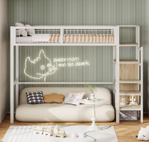 Stapelbed 90x200 / 140x200 cm met Ladder, Opbergplank en Kledingkast