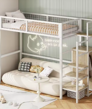 Stapelbed 90x200 / 140x200 cm met Ladder, Opbergplank en Kledingkast