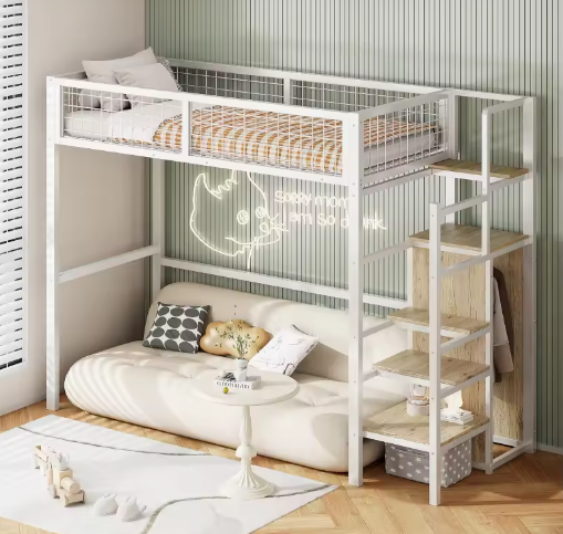 Stapelbed 90x200 / 140x200 cm met Ladder, Opbergplank en Kledingkast