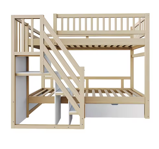 Massief Houten Stapelbed 90x200 cm met Trap, Opbergruimte en Lattenbodem