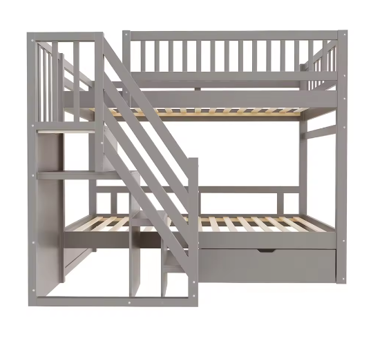 Massief Houten Stapelbed 90x200 cm met Trap, Opbergruimte en Lattenbodem