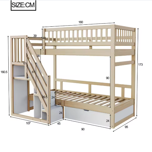 Massief Houten Stapelbed 90x200 cm met Trap, Opbergruimte en Lattenbodem