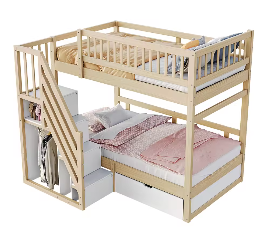 Massief Houten Stapelbed 90x200 cm met Trap, Opbergruimte en Lattenbodem