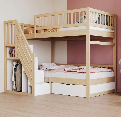 Massief Houten Stapelbed 90x200 cm met Trap, Opbergruimte en Lattenbodem