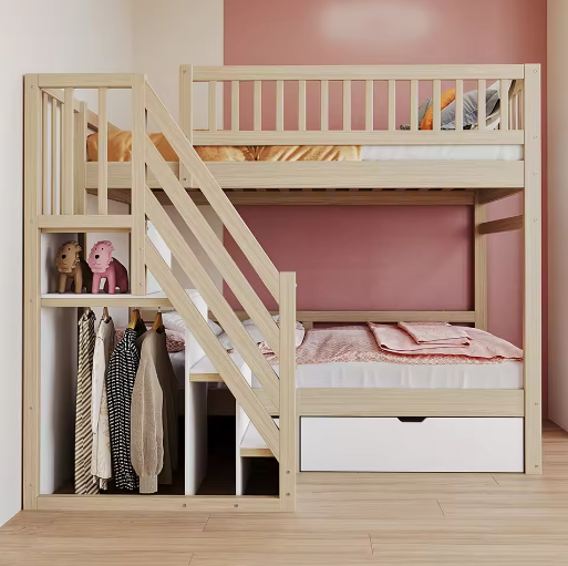 Massief Houten Stapelbed 90x200 cm met Trap, Opbergruimte en Lattenbodem