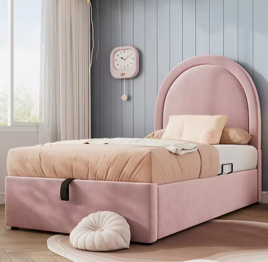 Opklapbed Kinderbed 90x200 cm met Fluwelen Hoofdbord en Opbergruimte