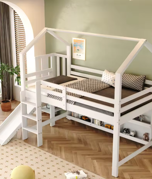 Kinderbed Eenpersoonsbed 90x200 cm Met Glijbaan en Opbergruimte