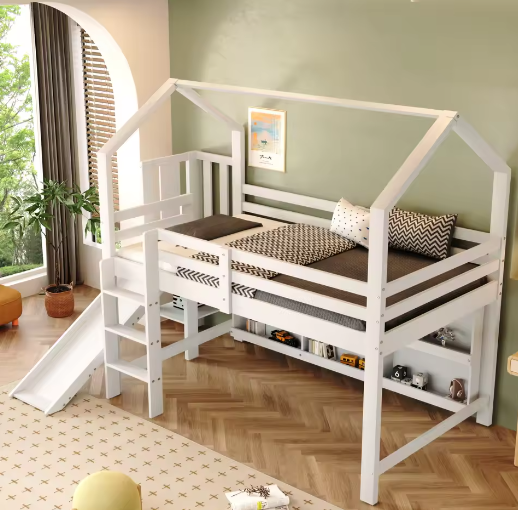 Kinderbed Eenpersoonsbed 90x200 cm Met Glijbaan en Opbergruimte