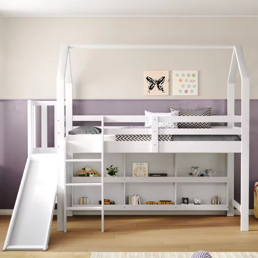 Kinderbed Eenpersoonsbed 90x200 cm Met Glijbaan en Opbergruimte