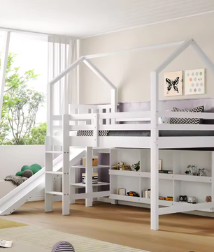 Kinderbed Eenpersoonsbed 90x200 cm Met Glijbaan en Opbergruimte