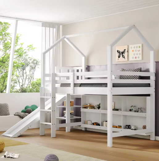 Kinderbed Eenpersoonsbed 90x200 cm Met Glijbaan en Opbergruimte