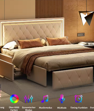 Modern Kunstleer Tweepersoonsbed 140/160x200 cm Met Lades – Stijlvol en Functioneel