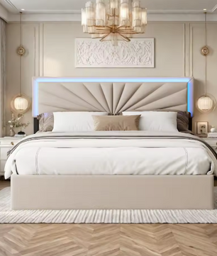 Gewatteerd Tweepersoonsbed 140–160x200 cm met LED en 4 Opberglades