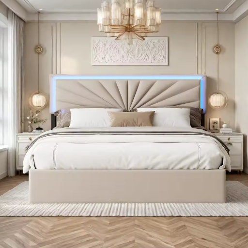 Gewatteerd Tweepersoonsbed 140–160x200 cm met LED en 4 Opberglades