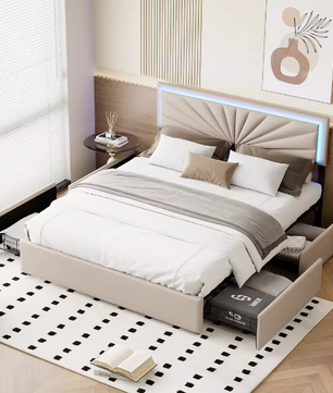 Gewatteerd Tweepersoonsbed 140–160x200 cm met LED en 4 Opberglades