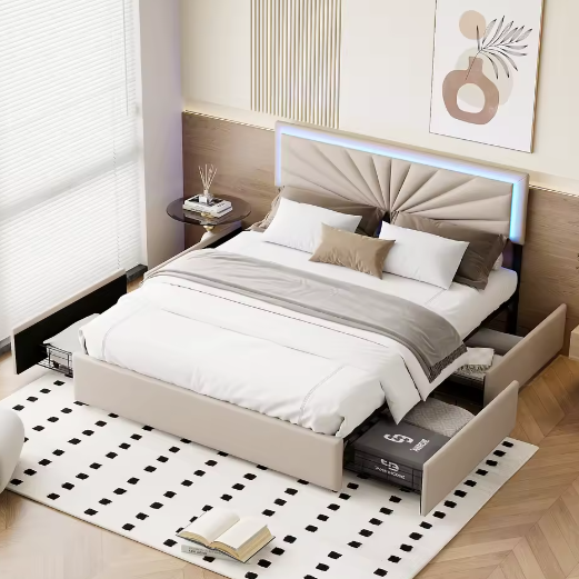 Gewatteerd Tweepersoonsbed 140–160x200 cm met LED en 4 Opberglades