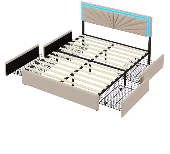Gewatteerd Tweepersoonsbed 140–160x200 cm met LED en 4 Opberglades
