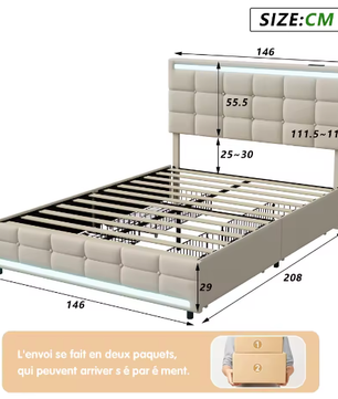 Gewatteerd Tweepersoonsbed 140–160x200 cm met LED en 4 Opberglades