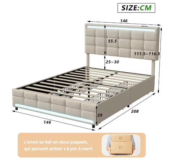 Gewatteerd Tweepersoonsbed 140–160x200 cm met LED en 4 Opberglades