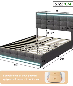 Gewatteerd Tweepersoonsbed 140–160x200 cm met LED en 4 Opberglades