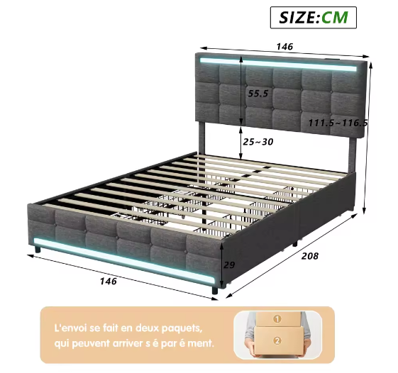 Gewatteerd Tweepersoonsbed 140–160x200 cm met LED en 4 Opberglades