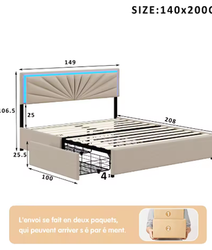 Gewatteerd Tweepersoonsbed 140–160x200 cm met LED en 4 Opberglades