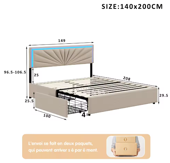 Gewatteerd Tweepersoonsbed 140–160x200 cm met LED en 4 Opberglades