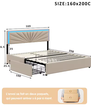 Gewatteerd Tweepersoonsbed 140–160x200 cm met LED en 4 Opberglades