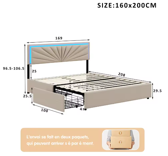 Gewatteerd Tweepersoonsbed 140–160x200 cm met LED en 4 Opberglades