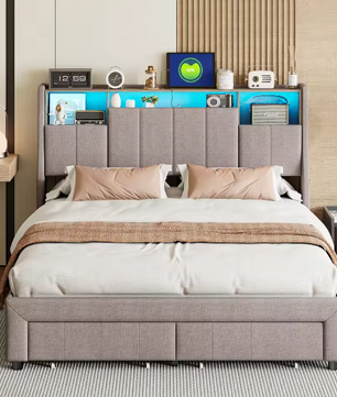 Gestoffeerd Tweepersoonsbed 140–160x200 cm met Opberghoofdbord, LED, USB en Lades