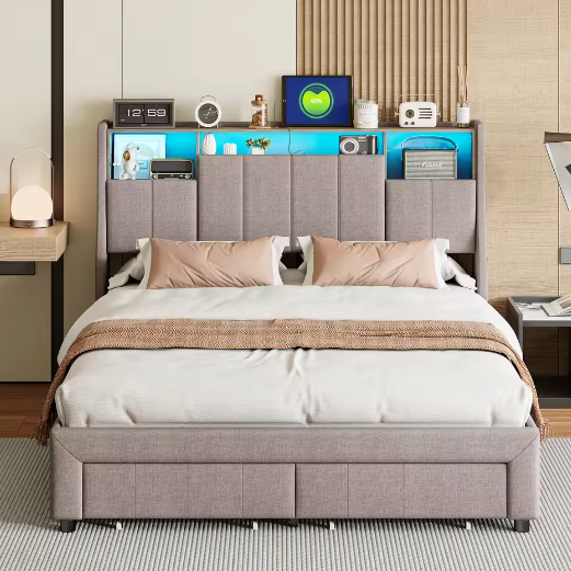 Gestoffeerd Tweepersoonsbed 140–160x200 cm met Opberghoofdbord, LED, USB en Lades