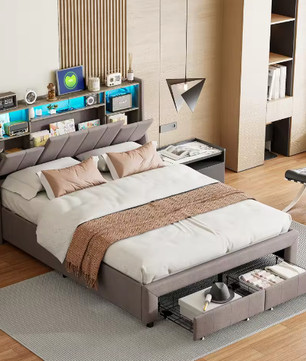 Gestoffeerd Tweepersoonsbed 140–160x200 cm met Opberghoofdbord, LED, USB en Lades