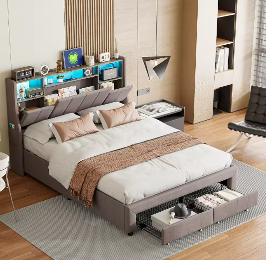 Gestoffeerd Tweepersoonsbed 140–160x200 cm met Opberghoofdbord, LED, USB en Lades