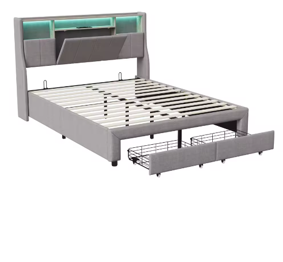 Gestoffeerd Tweepersoonsbed 140–160x200 cm met Opberghoofdbord, LED, USB en Lades