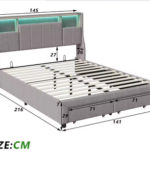 Gestoffeerd Tweepersoonsbed 140–160x200 cm met Opberghoofdbord, LED, USB en Lades