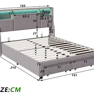 Gestoffeerd Tweepersoonsbed 140–160x200 cm met Opberghoofdbord, LED, USB en Lades