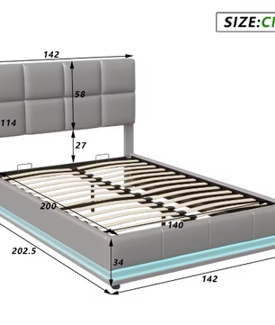 Gestoffeerd Tweepersoonsbed 140x200 cm met Hydraulisch Opbergsysteem, LED en Hoofdbord
