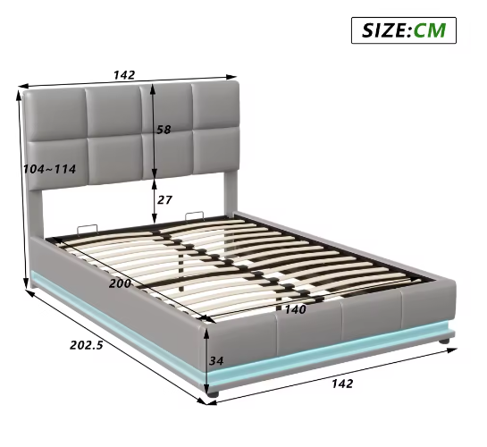 Gestoffeerd Tweepersoonsbed 140x200 cm met Hydraulisch Opbergsysteem, LED en Hoofdbord
