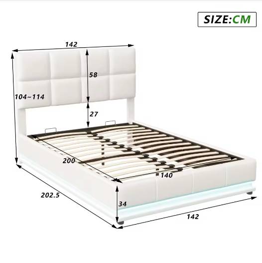 Gestoffeerd Tweepersoonsbed 140x200 cm met Hydraulisch Opbergsysteem, LED en Hoofdbord